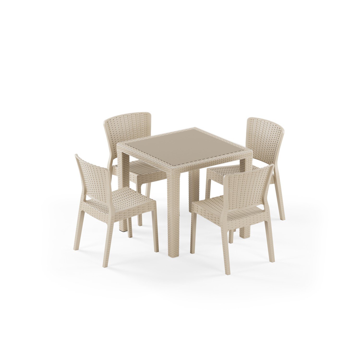 Antares Camlı 80x80 ve Antares Kolçaksız 4 Kişilik Rattan Masa Takımı