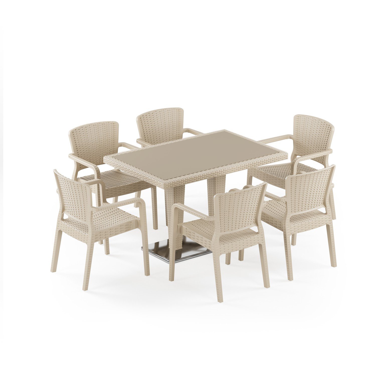 Antares Krom Ayak Camlı 80X120 Antares Koltuk 6 Kişilik Rattan Masa Takımı